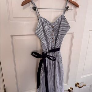 Adorable Classic Blue and White Seersucker Dress with Deep Purple Belt